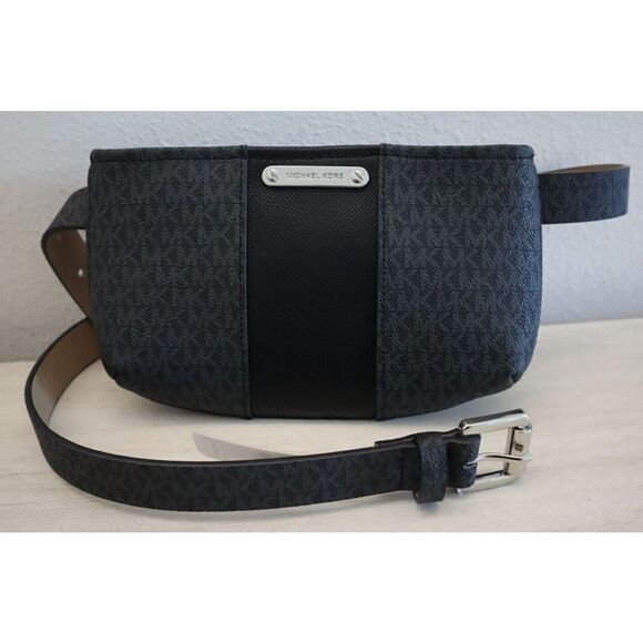 Michael Kors 556137C 006 Sz L/XL Black Signature MK Allover Print Belt Bag $88 - Picture 1 of 4